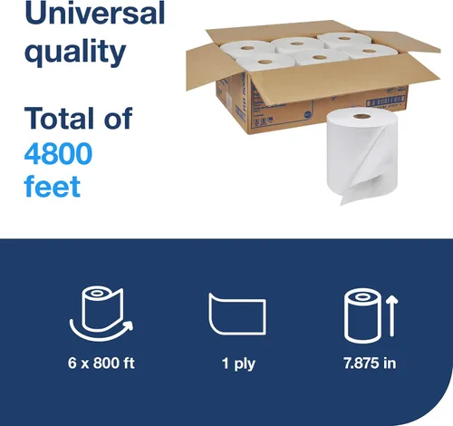 Miniatura 3 de Tork Rollo de toalla de mano universal blanco, compatible con dispensadores H21, 100% fibra reciclada, 6 rollos x 800 pies (RB8002)