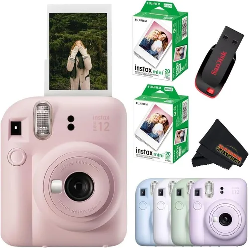 Fujifilm Instax Mini 12 cámara instantánea Blossom Pink con unidad flash USB Sandisk de 32 GB + paquete de película Fujifilm Instax Mini de 40