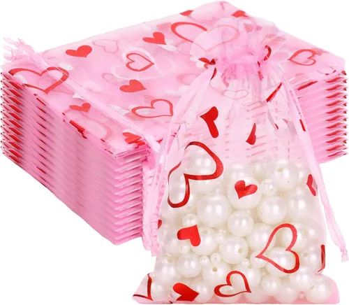 Miniatura 15 de G2PLUS - Bolsas de organza de corazón, 50 bolsas de regalo con cordón transparente de 4 x 6 pulgadas Pink Mesh Bags with Gold Foil Hearts for