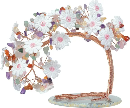 Miniatura 11 de mookaitedecor Árbol de cristal aguamarina natural con base de ágata, árbol de dinero floral de encaje bordado para decoración de escritorio