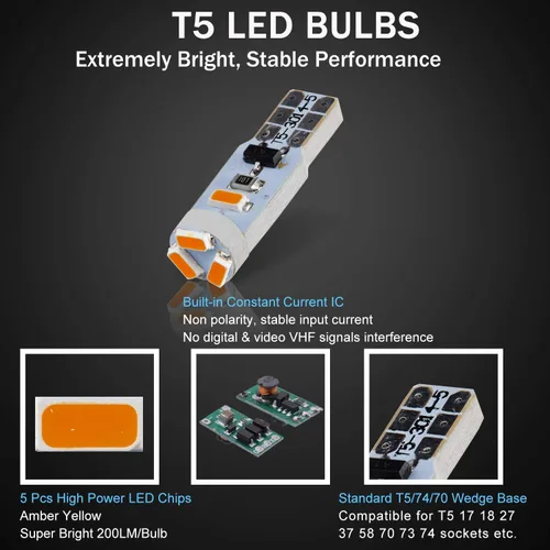 Miniatura 4 de 10X Bombillas LED T5 Ámbar Amarilla Canbus Sin Errores 3014 Chipsets 74 2721 37 PC74 70 73 17 Bombillas LED para Interior, Panel de Instrumentos
