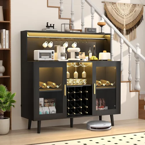 Miniatura 7 de MAGIC UNION Gabinete de bar de vinos con luz LED, barra de café para licor, gabinete de alcohol con estante de vidrio y estantes de vino extraíbles
