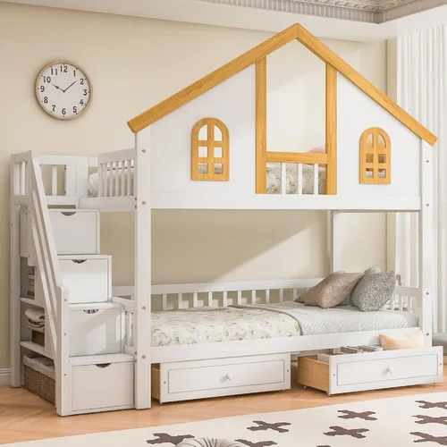 Miniatura 19 de JIVOIT Litera de madera con diseño de techo y ventanas, litera individual sobre individual con nido y escalera integrada para niños, adolescentes