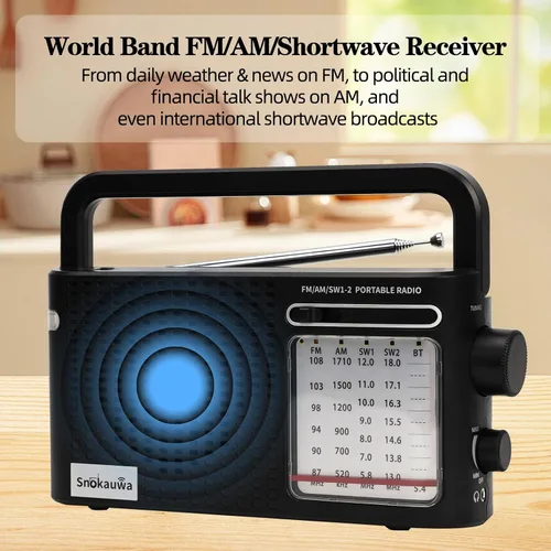 Miniatura 2 de Radio meteorológica portátil AM FM SW, enchufe de pared y alimentada por batería, radio transistor con Bluetooth, altavoz grande, dial grande, modo