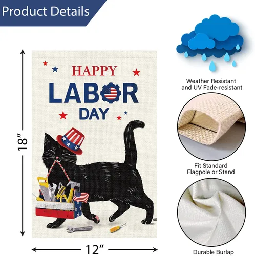 Miniatura 4 de Louise Maelys Bandera de jardín con texto en inglés «Happy Labor Day» de doble cara vertical, arpillera con gato negro pequeño, jardín, patio, casa