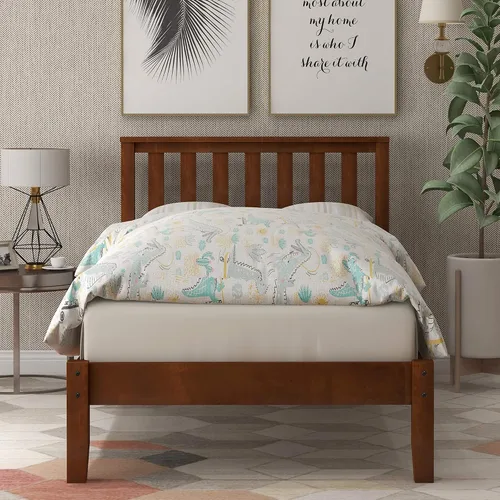 Miniatura 3 de MERITLINE Base de cama individual, plataforma de madera con cabecero y estribo, no necesita somier, nogal