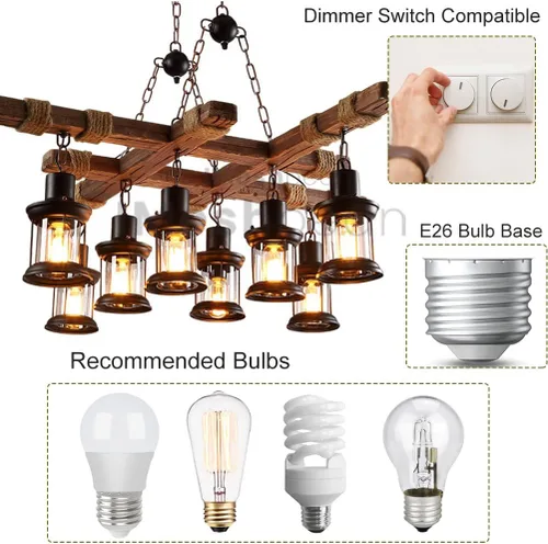Miniatura 3 de iMeshbean Lámpara colgante de madera industrial de 8 luces, lámpara de techo para cocina, bar, mesa de billar
