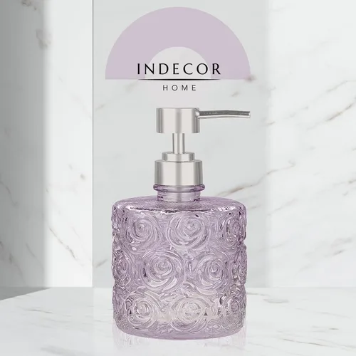 Miniatura 7 de Dispensador de jabón de vidrio Marcella con bomba de jabón, recargable con capacidad de 400 ml, diseño floral con patrones de rosas, vidrio grueso