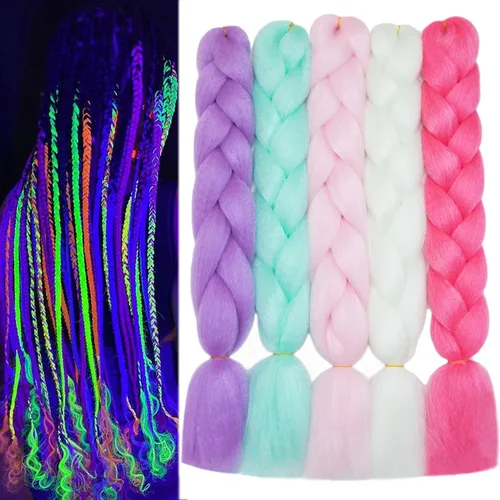 5 extensiones de cabello trenzado colorido de 24 pulgadas que brillan en la oscuridad arco iris jumbo trenzas extensiones de cabello