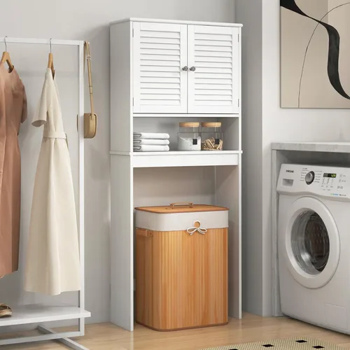 Miniatura 3 de Giantex Armario de almacenamiento sobre el inodoro, organizador de baño de 3 niveles con 2 puertas con rejillas, estante ajustable, independiente