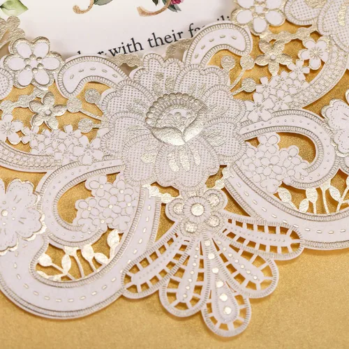 Miniatura 6 de DORIS HOME 50 tarjetas de invitación de encaje floral dorado blanco cortado con láser con sobres para invitaciones de boda, despedida de soltera