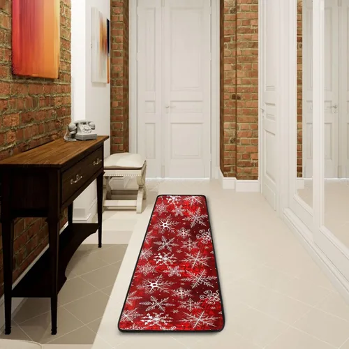 Miniatura 4 de Alfombra de pasillo de Navidad, patrón rojo con copos de nieve, alfombra de corredor de flores, alfombra antideslizante para cocina, alfombra