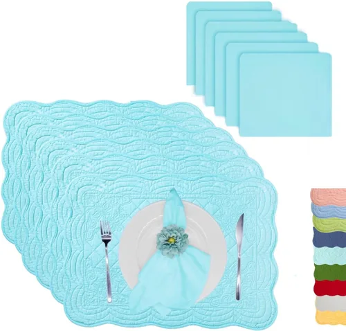 Miniatura 14 de Juego de 4 manteles individuales acolchados de algodón con servilletas a juego, manteles de mesa y servilletas de tela 100% algodón, juego de 8