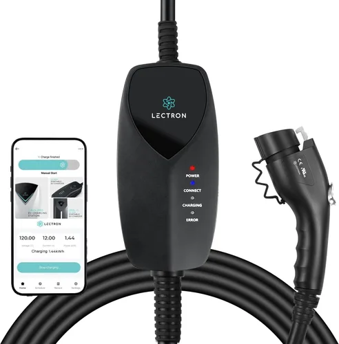 Lectron Cargador portátil de nivel 1 J1772 EV con control Wi-Fi/App – 12 amperios, cargador portátil de 120 V con enchufe NEMA 5-15, cable de carga