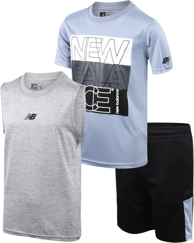 New Balance Conjunto de pantalones cortos activos para niños, camiseta sin mangas de 3 piezas, camiseta de manga corta, pantalones cortos atléticos,