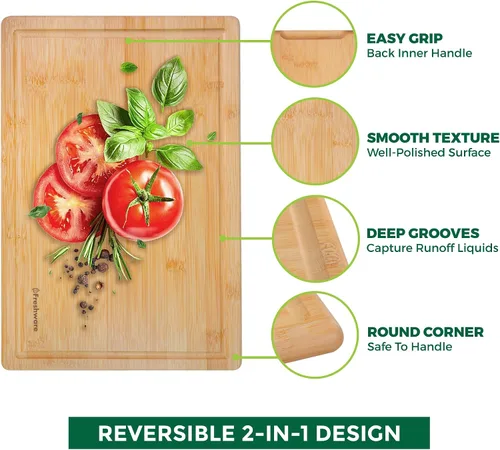 Miniatura 6 de Tabla de cortar de bambú para cocina con ranura para jugos [Extragrande] Tabla de cortar de madera para cortar carne, verduras, frutas, queso