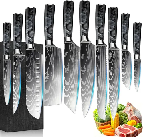 Juego de 10 cuchillos de cocina japoneses de alta calidad, colección Imperial, patrón láser de damasco, acero inoxidable 440A ultra afilado para