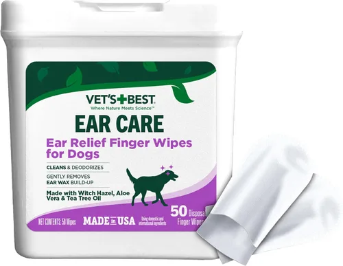 Vet's Best Toallitas para dedos para aliviar los oídos | Toallitas limpiadoras de oídos para perros | Calma y desodoriza | 50 toallitas desechables