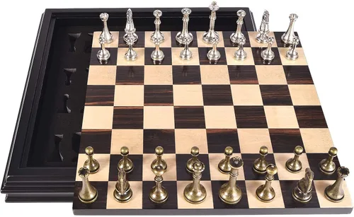 Miniatura 6 de AMEROUS Juego de ajedrez de madera de 12.5 pulgadas con piezas de ajedrez de metal, juego de mesa clásico con rey de 2.5"/almacenamiento para piezas