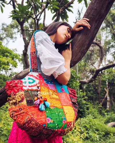 Miniatura 5 de Tribe Azure - Bolso de hombro hecho a mano para mujer, grande, floral, colorido, hecho a mano, para verano, playa, picnic, libros, portátil