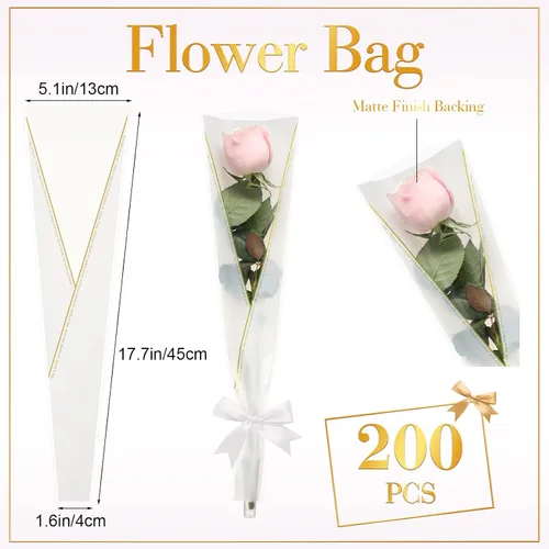 Miniatura 2 de Thenshop Juego de 400 bolsas de flores de San Valentín a granel con mangas de rosas individuales, 200 bolsas de ramo de flores individuales, 200