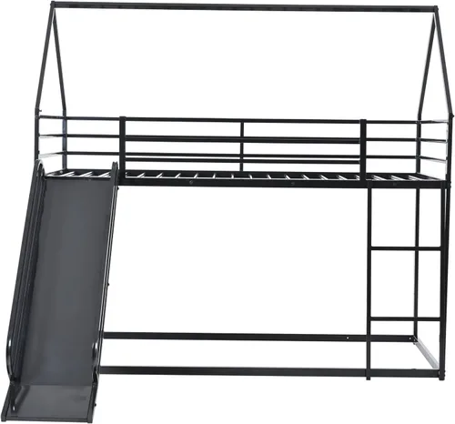 Miniatura 4 de EMKK Litera individual sobre individual con tobogán y escalera, litera baja de metal con barandilla de seguridad para niñas, niños, litera de suelo