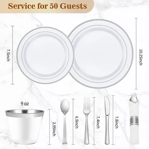Miniatura 4 de BESTVIP Juego de vajilla de plástico plateado de 350 piezas, platos de fiesta desechables para 50 invitados, incluye: 100 platos de plástico, 50