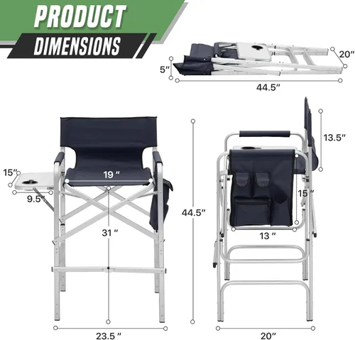 Miniatura 8 de Silla de directores, sillas de campamento plegables de 31 pulgadas de alto, silla de tocador plegable con marco de aluminio, silla de artista