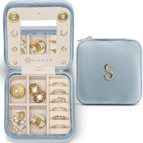 Vlando Organizador de joyas de viaje para mujer - Organizador de collares, aretes y anillos - azul