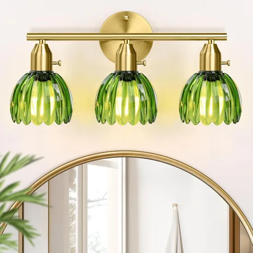Lámparas de baño – Luces de tocador doradas de 3 luces con pantalla de cristal de tulipán verde, accesorio de iluminación de baño de latón sobre Oro