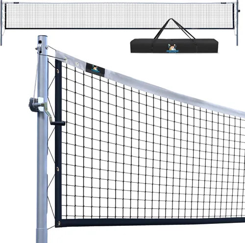 Sistema de red de pickleball en el suelo – Red fija resistente con tensión de manivela, alineación de polea, todos los accesorios incluidos | Cumple