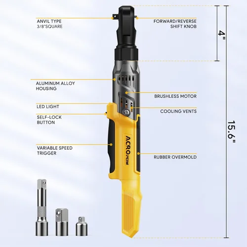 Miniatura 2 de ACROPOW Llave de trinquete inalámbrica de 3/8", compatible con batería DEWALT 20V MAX, motor eléctrico de trinquete sin escobillas de 74 pies-libras