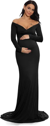 ZIUMUDY - Vestido ajustado de maternidad con cuello en V fruncido, hombros descubiertos, manga larga, maxivestido para fotografía