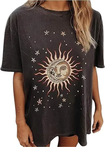 Miniatura 2 de Remidoo - Camiseta informal de gran tamaño para mujer, de manga corta, con estampado de letras, sol y luna