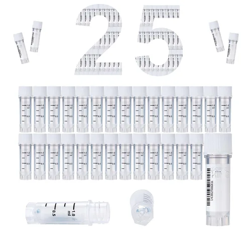 Miniatura 32 de Cryoviales de 0.0 fl oz, 25Pcs Cryotubes con código de barras lateral, frascos de esterilización con rosca externa, tubos de muestra con tapas Azul