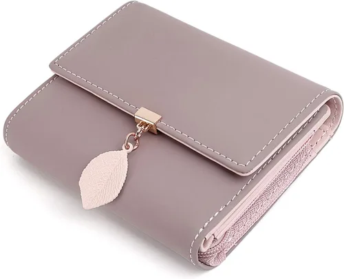 Miniatura 129 de UTO - Cartera pequeña RFID de piel sintética con dije de hoja, cierre de cremallera y tarjetero.