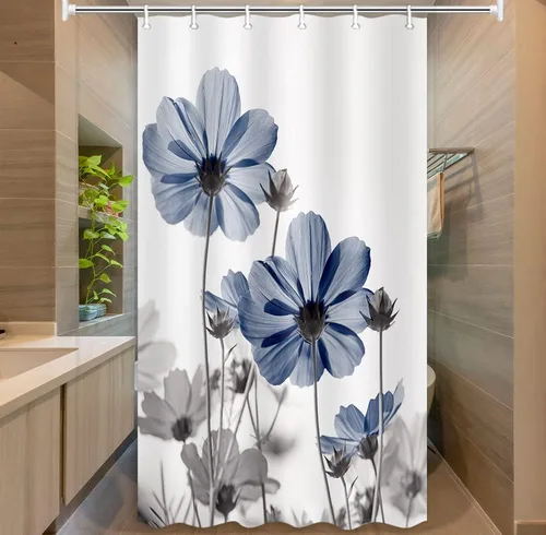 Miniatura 2 de MERCHR Cortina única floral azul para decoración de baño, cortina de ducha estilo granja con flores de margarita azul y gris elegantes y diseño