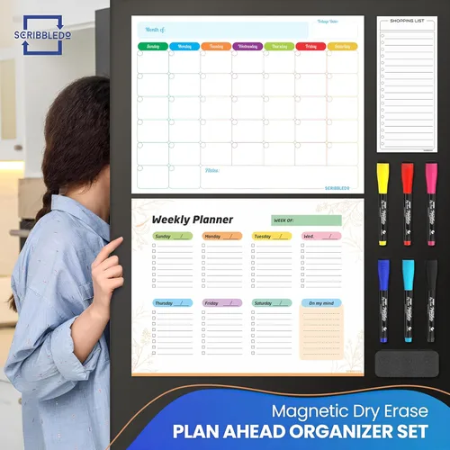Miniatura 6 de Agenda mensual (paquete de 3) pizarra blanca magnética para refrigerador, calendario semanal de borrado en seco, calendario magnético