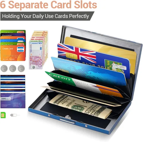 Miniatura 109 de BONSYL® Soporte para tarjetas de crédito, cartera delgada de metal con bloqueo RFID, con 6 ranuras para tarjetas, para mujeres y hombres.