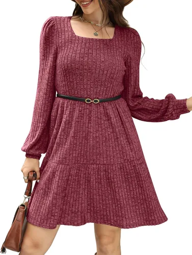 Miniatura 3 de SAMPEEL Vestido de otoño de manga larga con cuello cuadrado para mujer, vestido casual tipo babydoll