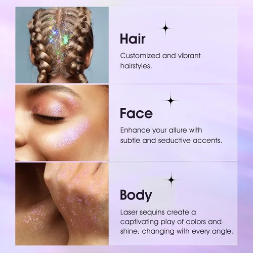 Miniatura 7 de LANGMANNI Gel holográfico con purpurina para el cuerpo, la cara, el cabello y los labios. Gel con purpurina que cambia de color bajo la luz. Vegano