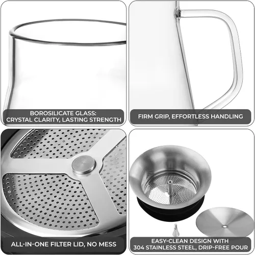 Miniatura 5 de Aquach Tetera de vidrio de 27 onzas con tapa de filtro inteligente, hervidor de té de vidrio de borosilicato seguro para estufas con infusor