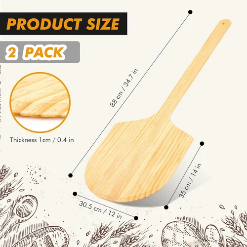 Miniatura 2 de Paquete de 2 cáscaras de madera para pizza, plato de 14 pulgadas de largo x 12 pulgadas de ancho, con mango de madera de 22 litros, 36 de longitud