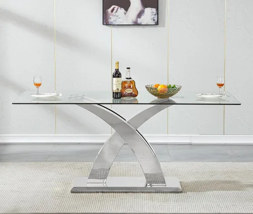 Miniatura 11 de Mesa de comedor de vidrio de 70 pulgadas para 4-8 personas, parte superior de vidrio templado y base de acero inoxidable en U dorada, escritorio