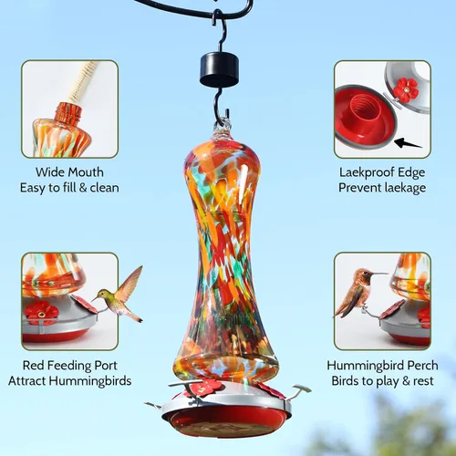 Miniatura 3 de Comedero de vidrio para colibríes para exteriores: regalo de colibríes naranjas para colgar en ventana para mujeres, foso de hormigas incluido, base