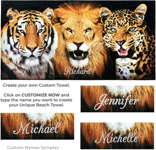 Miniatura 2 de Softerry Toalla de playa personalizada con gatos grandes, 30 x 60 pulgadas, felinos salvajes, león, tigre de Bengala y Jaguar leopardo, 100% algodón