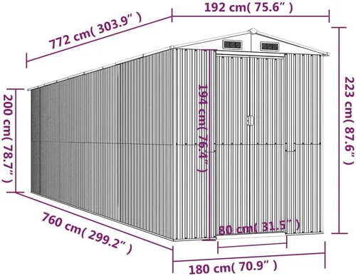 Miniatura 8 de Cobertizo de jardín de acero galvanizado marrón, 75.6 x 304.3 x 87.8 pulgadas, gran cobertizo de almacenamiento para exteriores con puertas