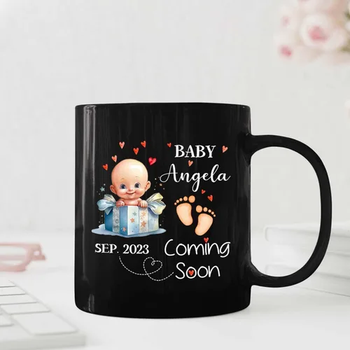 Miniatura 4 de Baby Coming Soon - Taza de café negra de 11 onzas y 15 onzas, taza de café personalizada para papá con nombre, taza de café de cerámica con anuncio