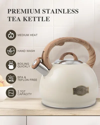 Miniatura 2 de Tetera para Estufa, 2.7QT Tetera Silbadora de Acero Inoxidable para Parte Superior de Estufa Estética, Hervidores de Agua Portátiles para Acampar