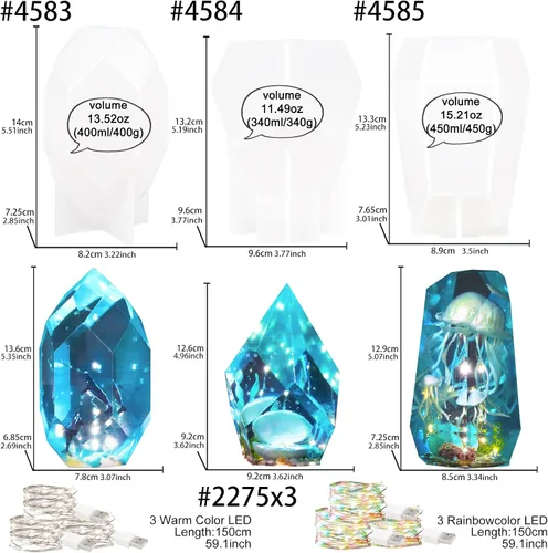 Miniatura 2 de Kit de preservación de flores de resina de molde de silicona de gema de cristal grande con cadena de luces LED, paquete de 9
